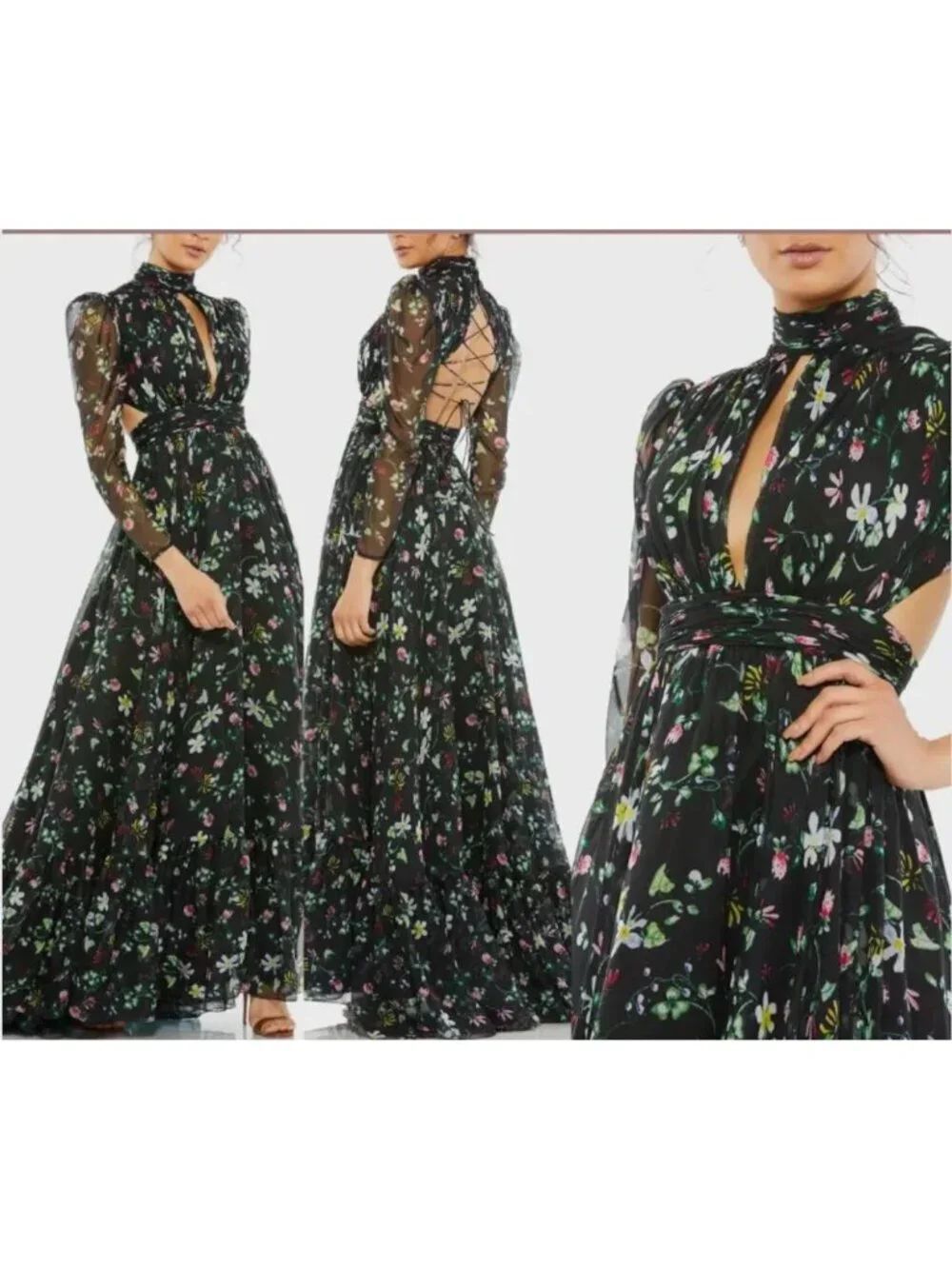 Mac Duggal 67942 Multi Floral Long Sleeve Lace Up Back Chiffon Gown Dress Size 0